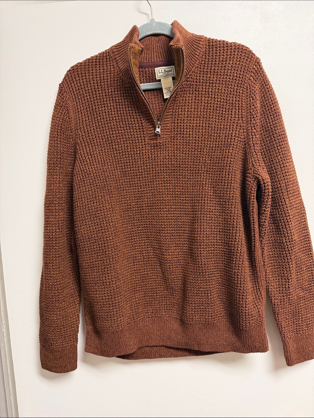 L.L. Bean Fall Organic Cotton Chestnut Brown Knit Quarter Zip Sweater Large